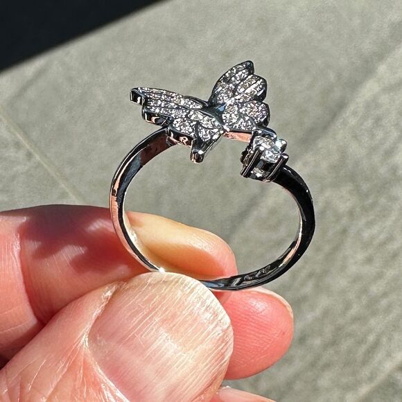 NEW White Gold Plated Pave Butterfly & Round Crystal CZ Adjustable Ring - Picture 2 of 11